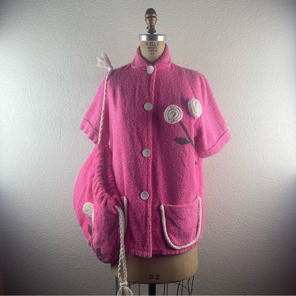 Vintage l 50s S Terrycloth Floral Pinup Rockabilly Swim Jacket Coverup Beach Bag